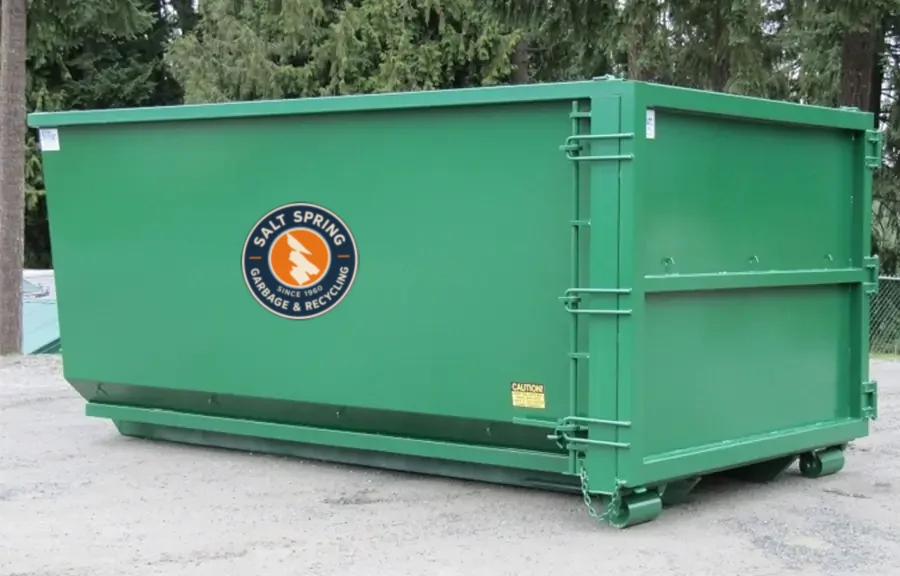 Green Salt Spring Garbage roll-off rental bin (dumpster) with the company logo